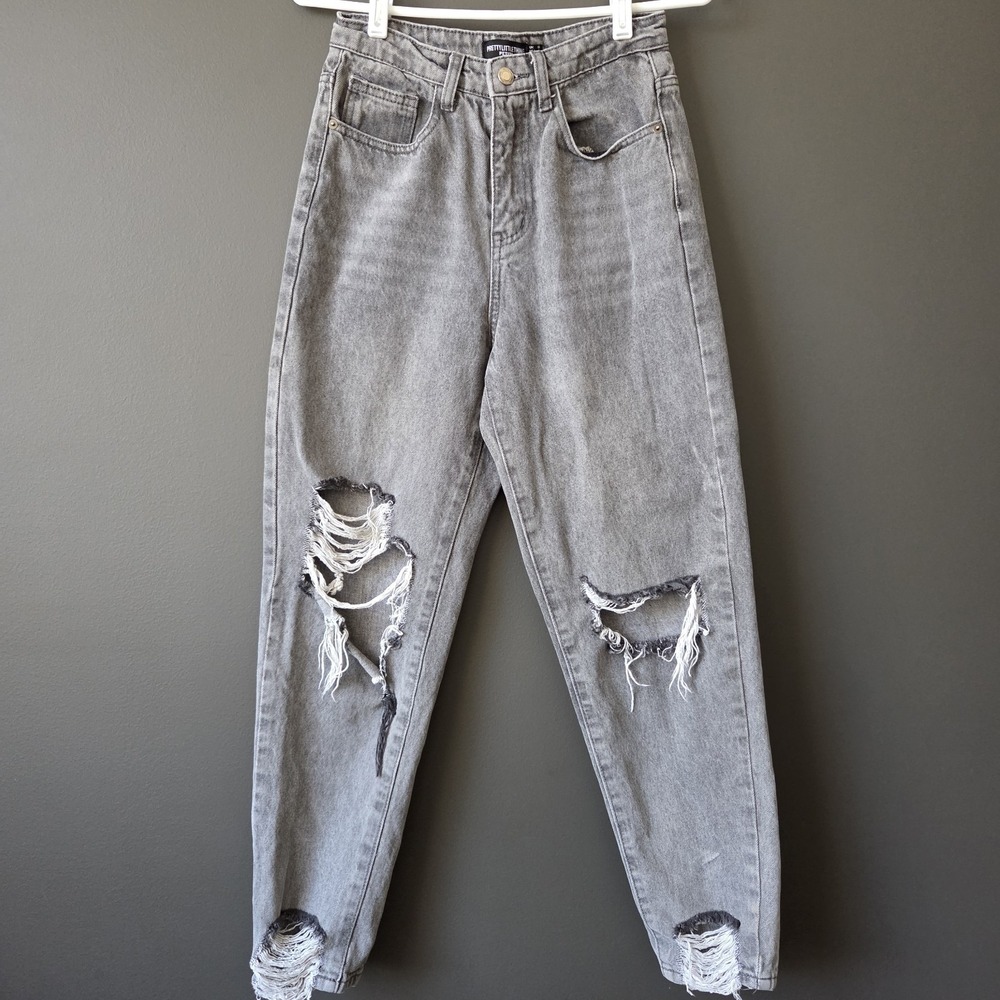 Pretty Little Thing Women's‎ Gray Distressed Mom Jeans 4 Petite High Rise Denim